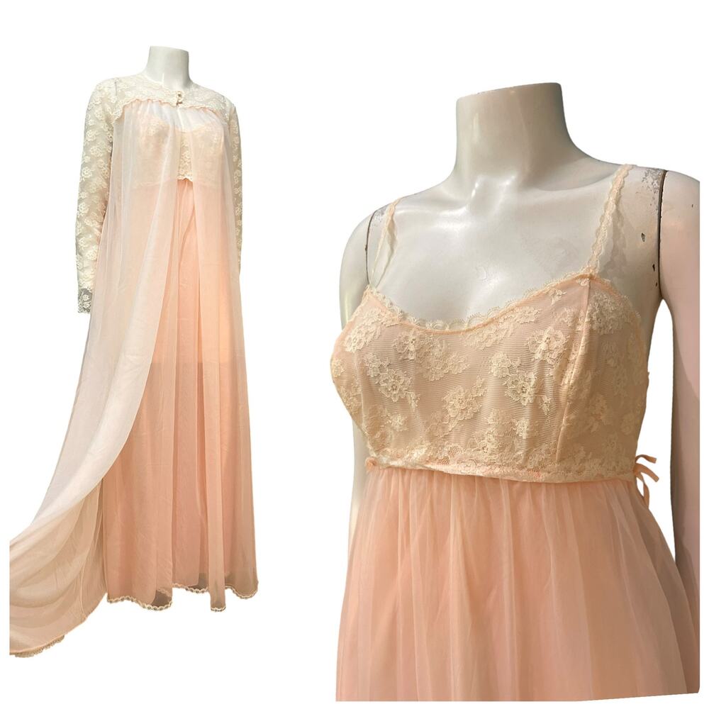 Vintage 60s Vanity Fair Pale Pink Peignoir Set Nightgown Robe Lace Small -